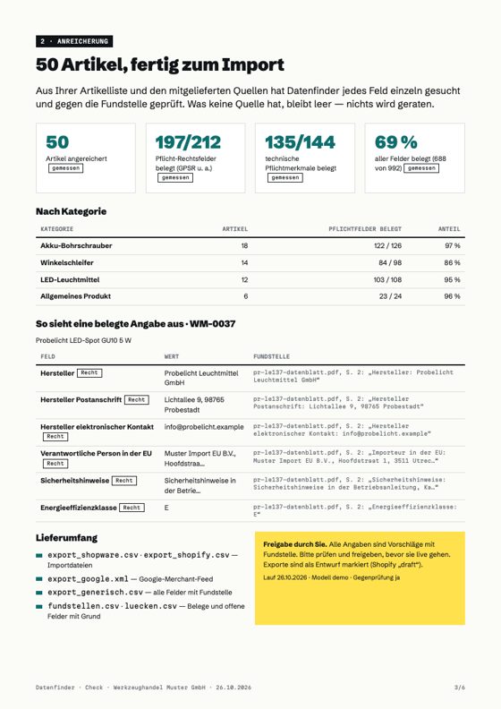 Seite mit Lückenmessung und Fundstellen